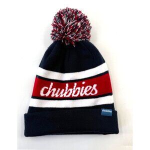 Chubbies Weekend Pom Pom Beanie Hat Unisex Fleece Lined Blue and Red